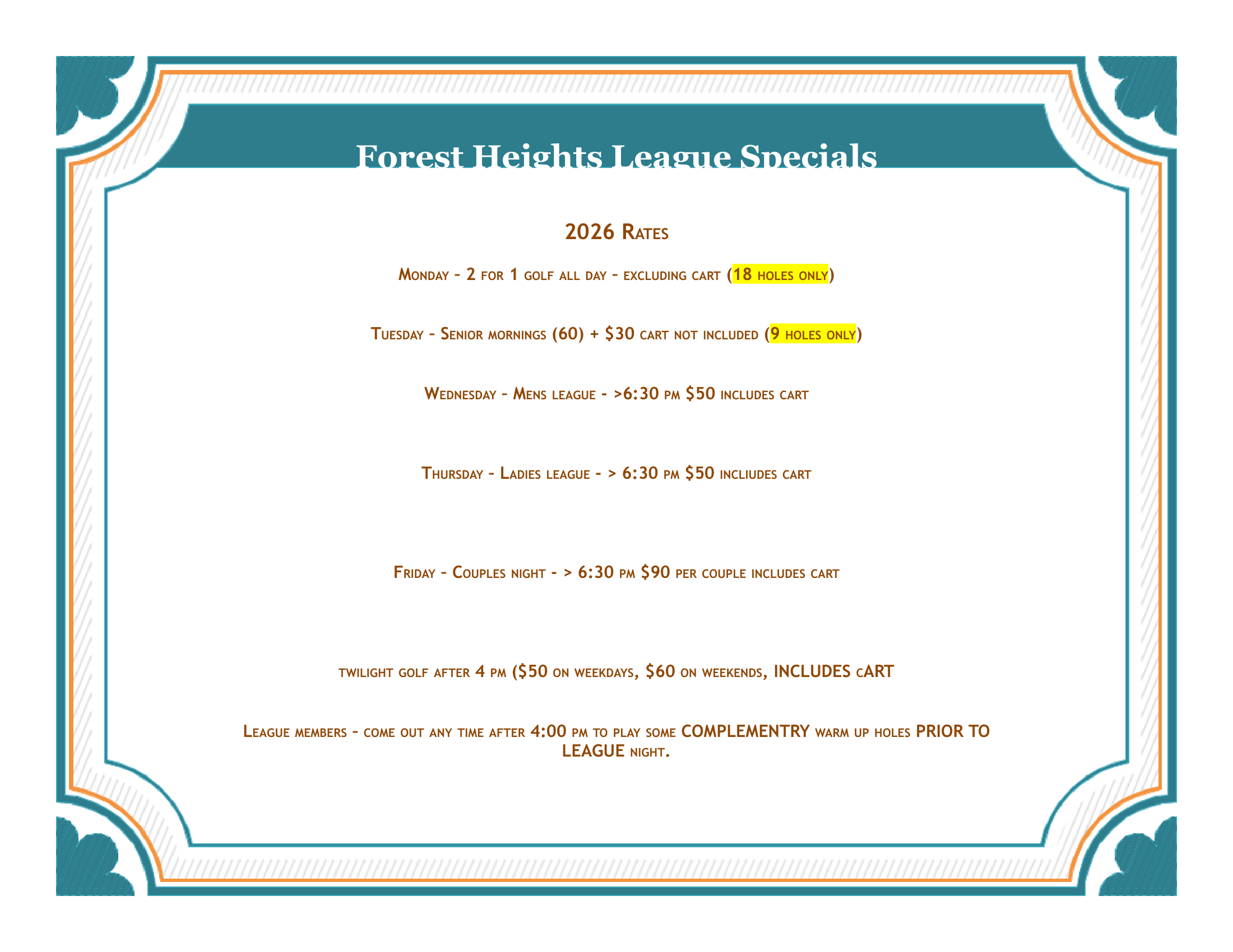 Forest Heights League Specials 2026
